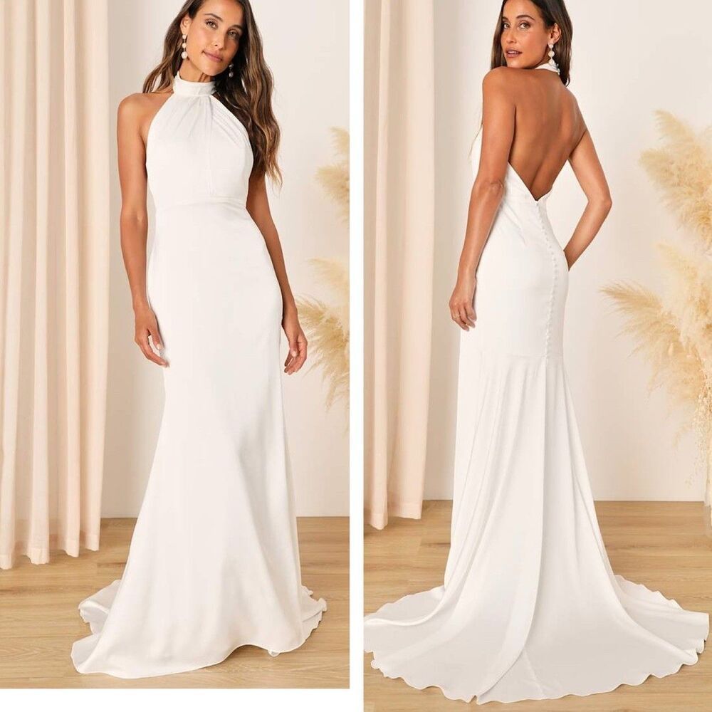 Lulus Eternity Together White Satin Halter Mermaid Maxi Dress Size Large Bridal
